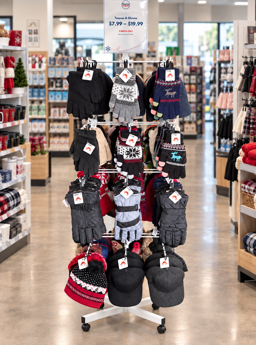 Freestanding winter accessories display featuring patterned knit gloves, insulated gloves, and assorted winter hats in black, grey, red, and blue.