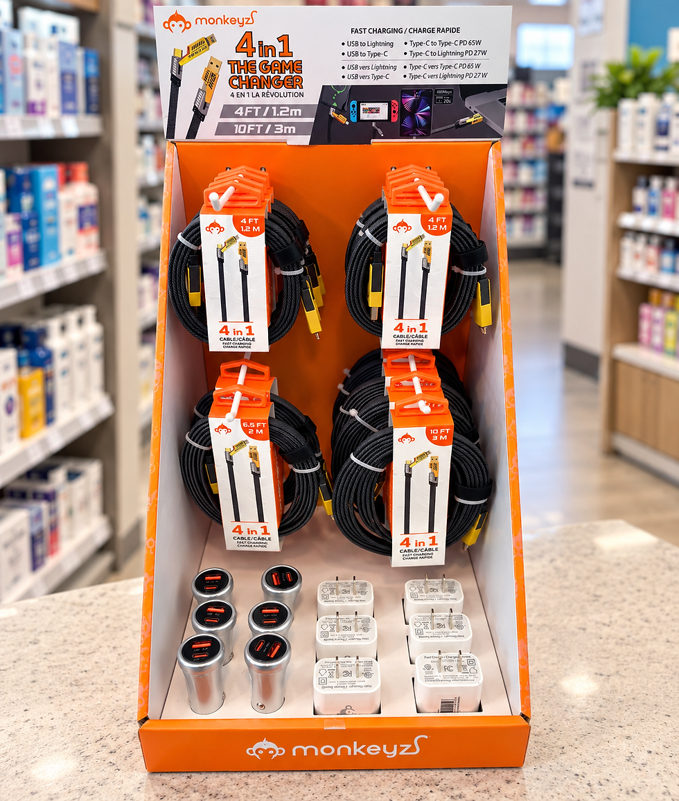 Orange retail display featuring 4-in-1 charging cables in three lengths, silver car chargers, and white wall chargers.