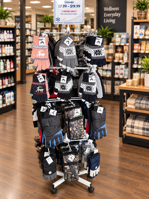 Assorted black, grey and pink winter toques displayed on a freestanding retail rack.