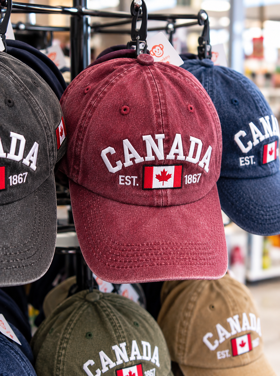 Assorted baseball caps displayed on a retail rack.