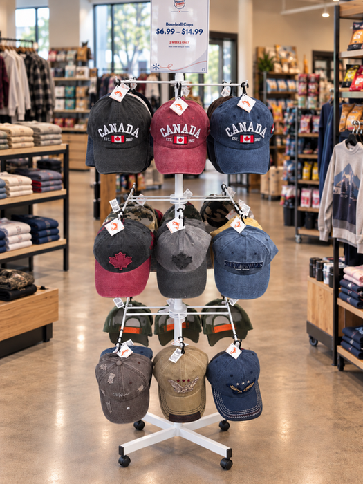 Assorted baseball caps in red, grey, black and neutral colours displayed on a freestanding retail rack.