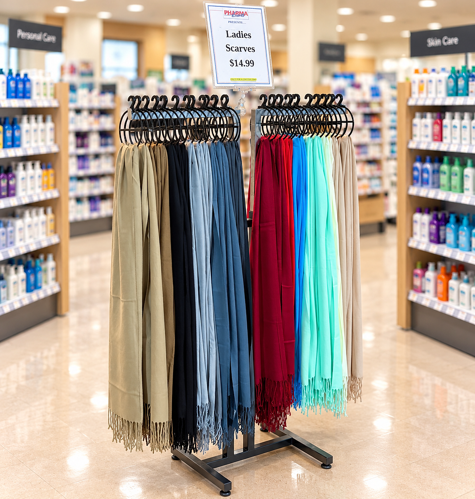 Display rack of ladies’ fashion scarves in assorted colours, including beige, blue, red and turquoise.