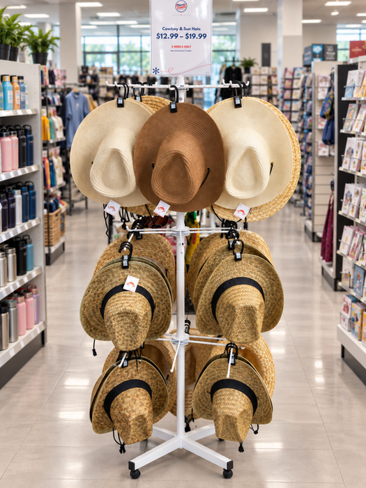 Natural straw sun hats displayed on a freestanding retail rack.
