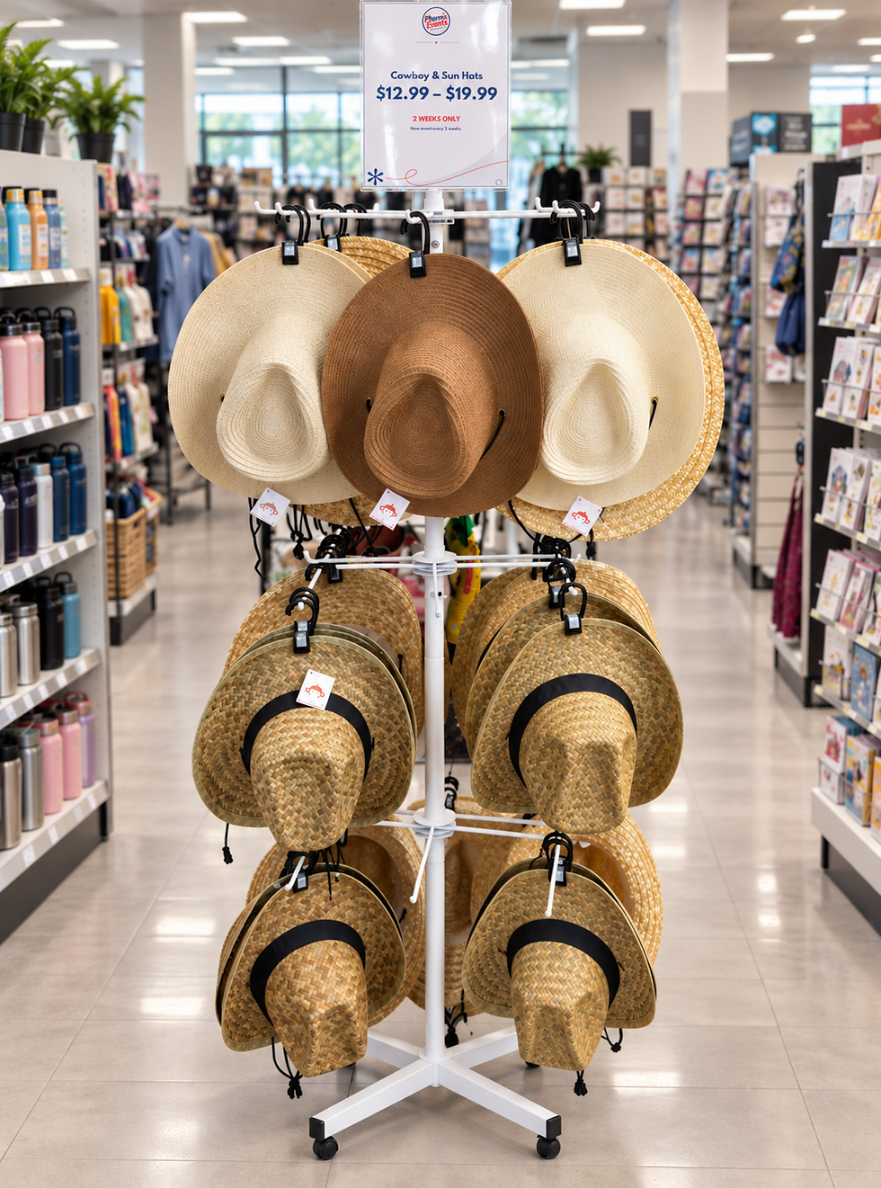 Freestanding display of assorted cowboy-style and sun hats in cream, brown, and natural tones, featuring wide brims, shaped crowns, and contrasting decorative hatbands.