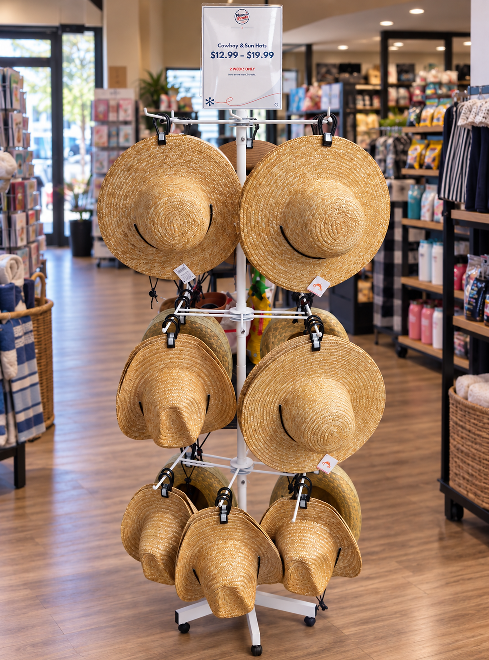 Freestanding retail display featuring assorted natural-coloured, wide-brimmed cowboy-style sun hats with rounded crowns and dark decorative bands.