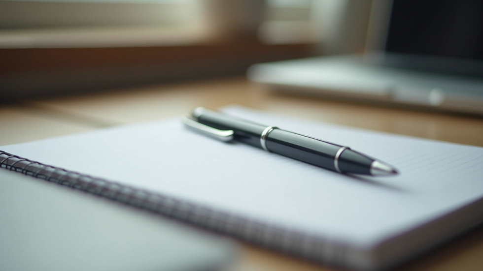 Close-up view of a notebook and pen on a desk for daily practice