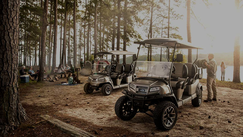 Black lifted six-seat golf cart parked in a pine forest