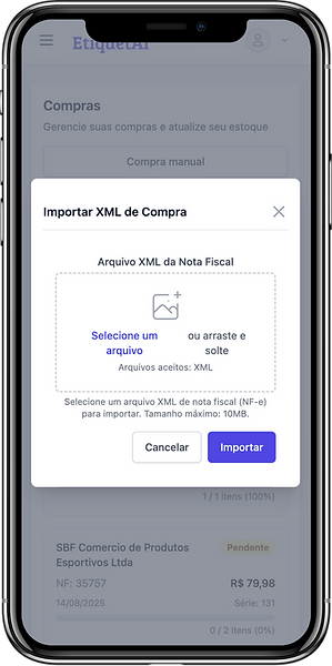 Tela de Entrada de estoque no formato mobile do sistema EtiquetAi