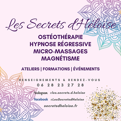 Carte de visite des Secrets d'Héloïse avec les activités principales et les coordonnées