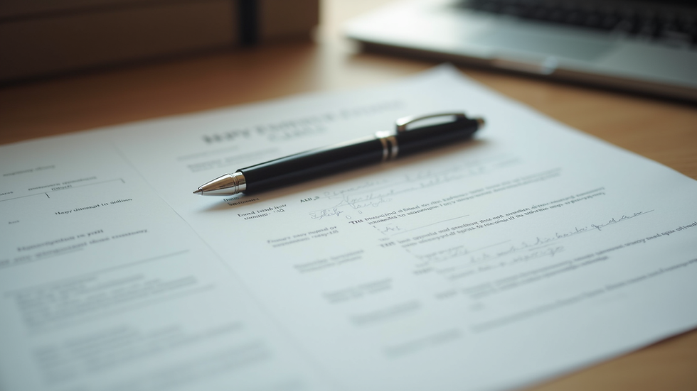 Close-up of legal documents and a pen on a wooden desk