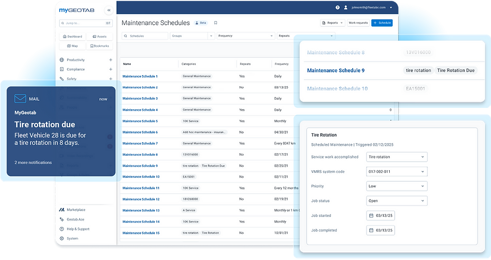Vehicle diagnostics dashboard showing maintenance alerts and engine health data.