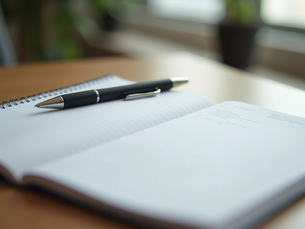 Close-up view of a desk with a notebook and pen for content planning