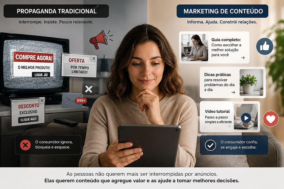 Ilustração dividida em duas partes. À esquerda, anúncios e propagandas invasivas cercam uma mulher usando um tablet, representando a propaganda tradicional. À direita, conteúdos educativos, guias e vídeos aparecem de forma organizada, simbolizando o marketing de conteúdo. A imagem mostra como os consumidores preferem informação útil em vez de interrupções publicitárias.