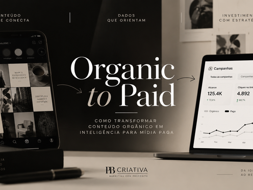 Organic to Paid mostrando conteúdo orgânico, análise de dados e mídia paga em uma estratégia integrada de marketing digital.