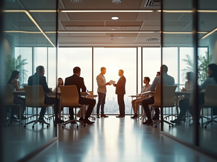 eye-level view of modern office space with marketing team brainstorming
