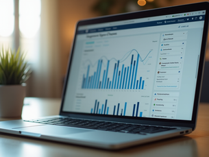 Eye-level view of a laptop with social media analytics on screen