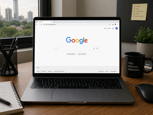Notebook aberto sobre uma mesa de escritório moderna, exibindo a página inicial do Google em um navegador, com ambiente corporativo minimalista e iluminação natural.