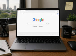 Notebook aberto sobre uma mesa de escritório moderna, exibindo a página inicial do Google em um navegador, com ambiente corporativo minimalista e iluminação natural.