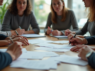 Eye-level view of a creative team brainstorming ideas around a table