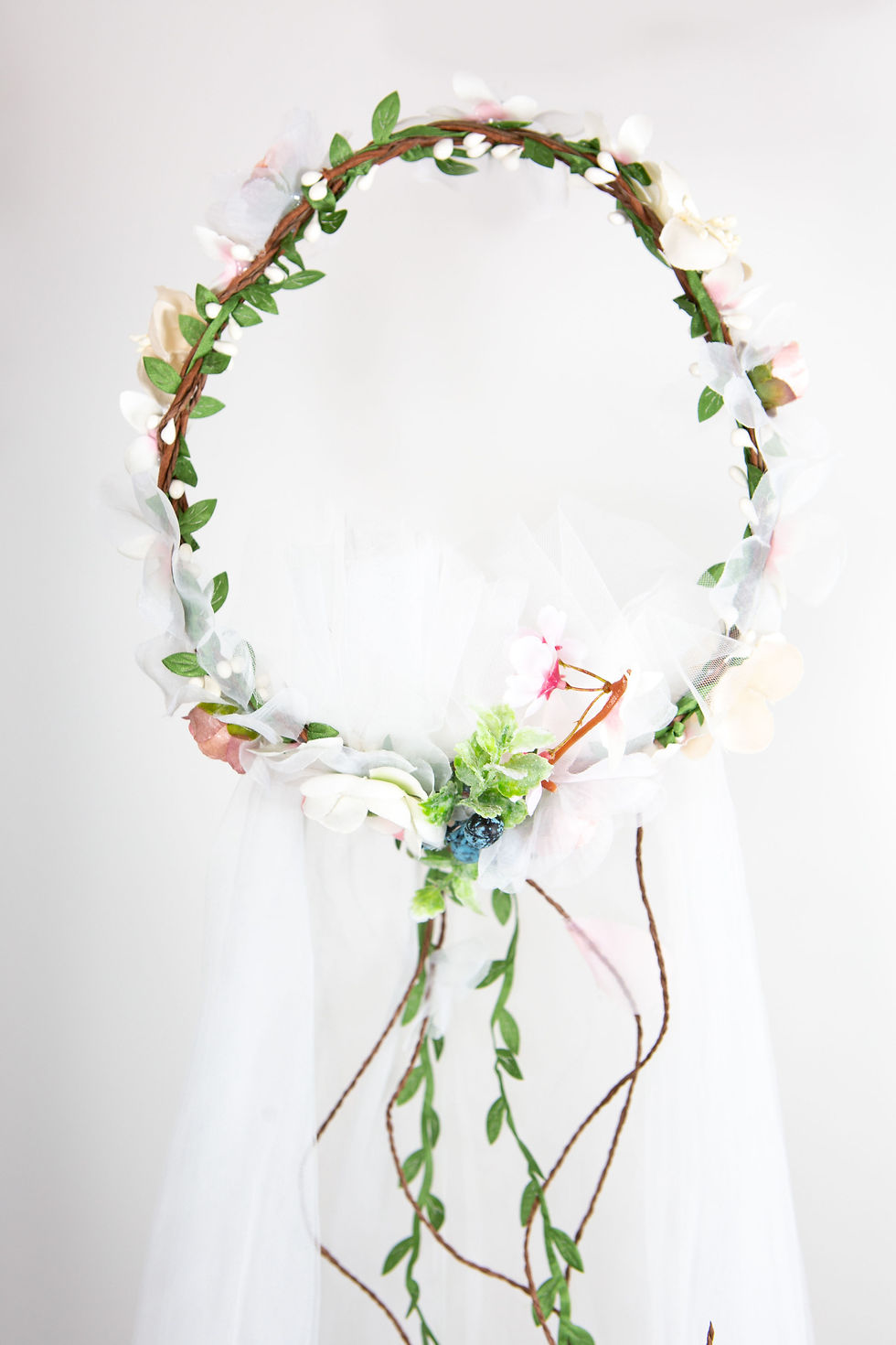 Thumbnail: Floral wedding headpiece with veil (white/pink/green)