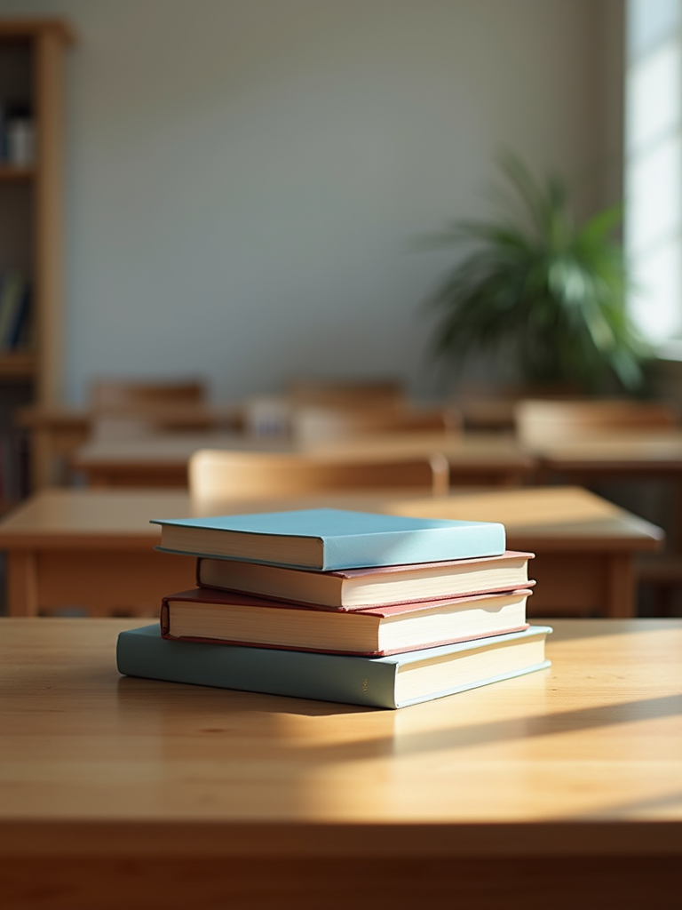 A stack of educational books on a rustic wooden desk representing the quality training provided.