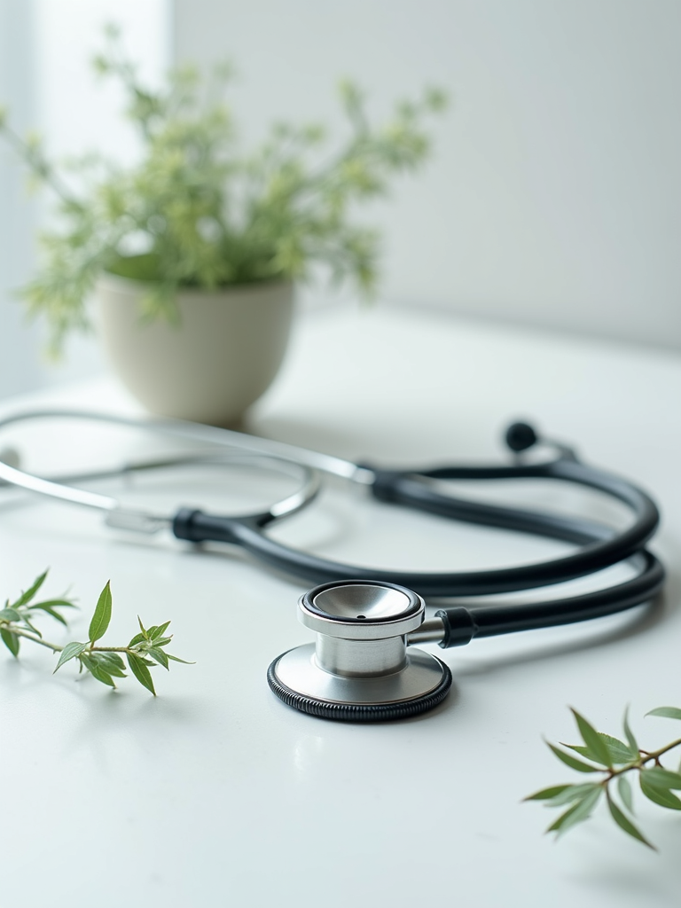 A medical stethoscope beside natural leaves symbolizing holistic health and medical support.