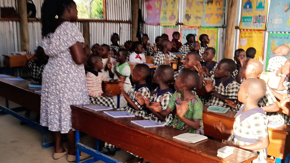 Eye-level view of a classroom filled with eager students learning