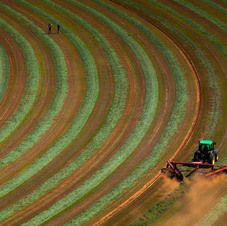 Aerial drone photograph of agricultural fields with a tractor working the land.