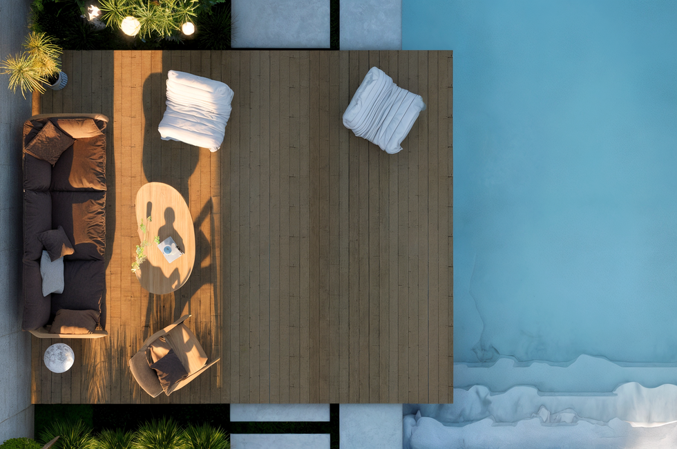 Haze Studio - 228545557 Modern Poolside Deck with Lush Greenery and Seating_3