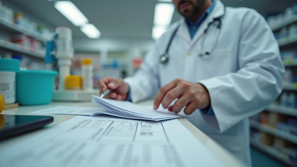 Close-up view of a pharmacist reviewing medication prescriptions
