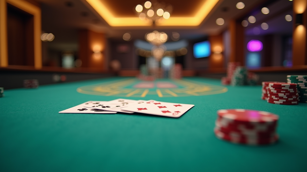 Eye-level view of a modern casino gaming table with chips and cards