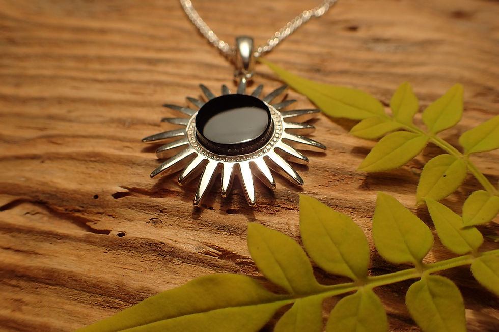 Thumbnail: Sterling Silver and Whitby Jet Sun Pendant