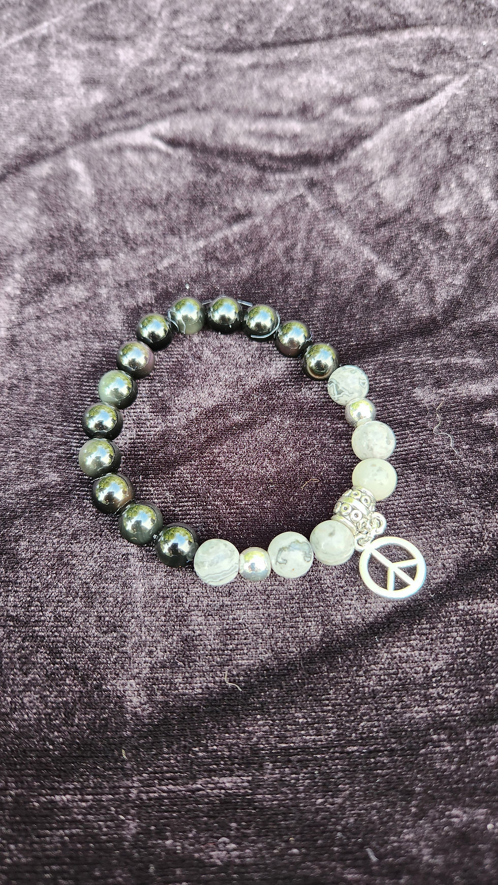 Thumbnail: 8mm Rainbow Obsidian and Mapstone with Peace Sign Charm Bracelet