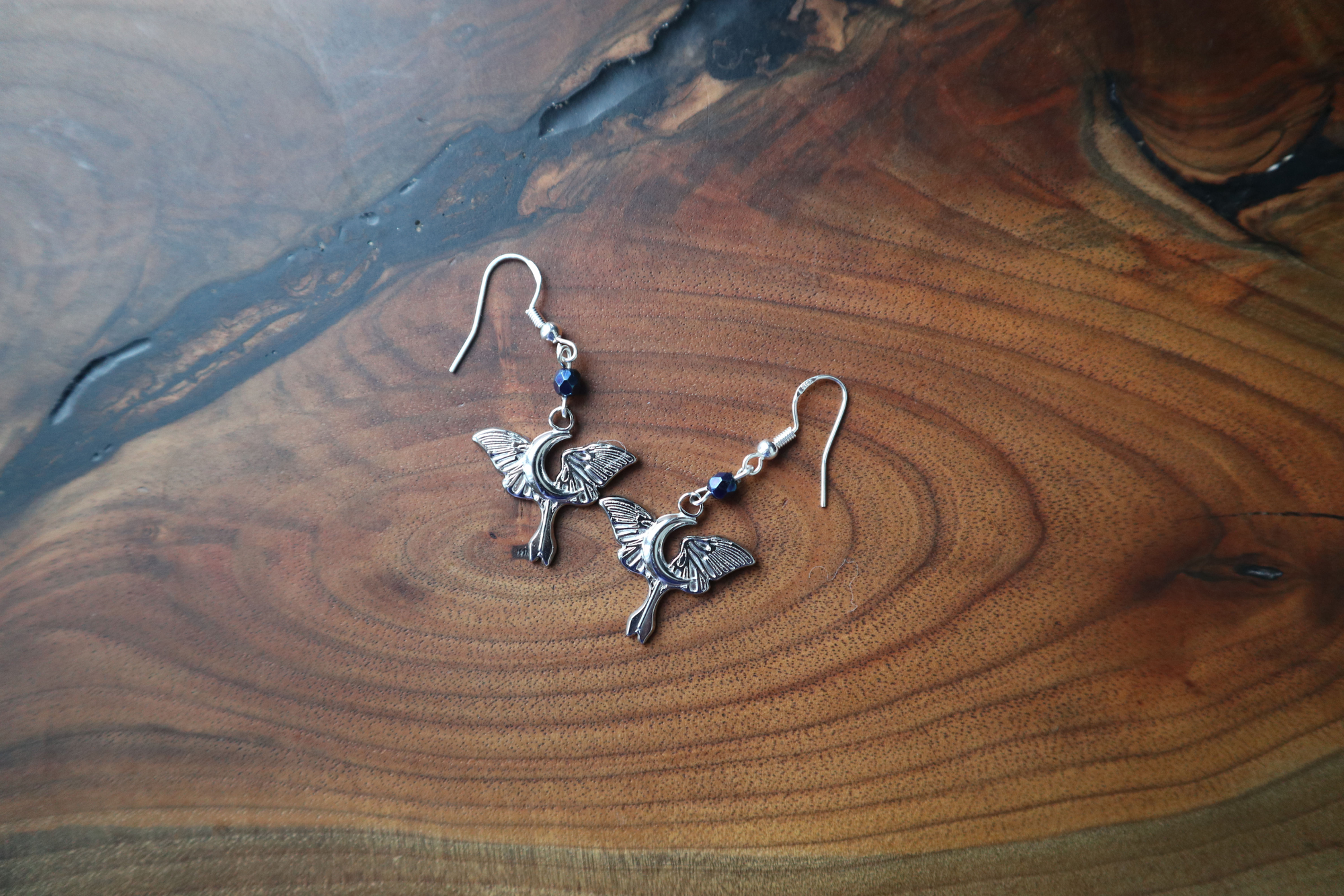 Moth with Moon Charm Earrings with Fire Polish Beads