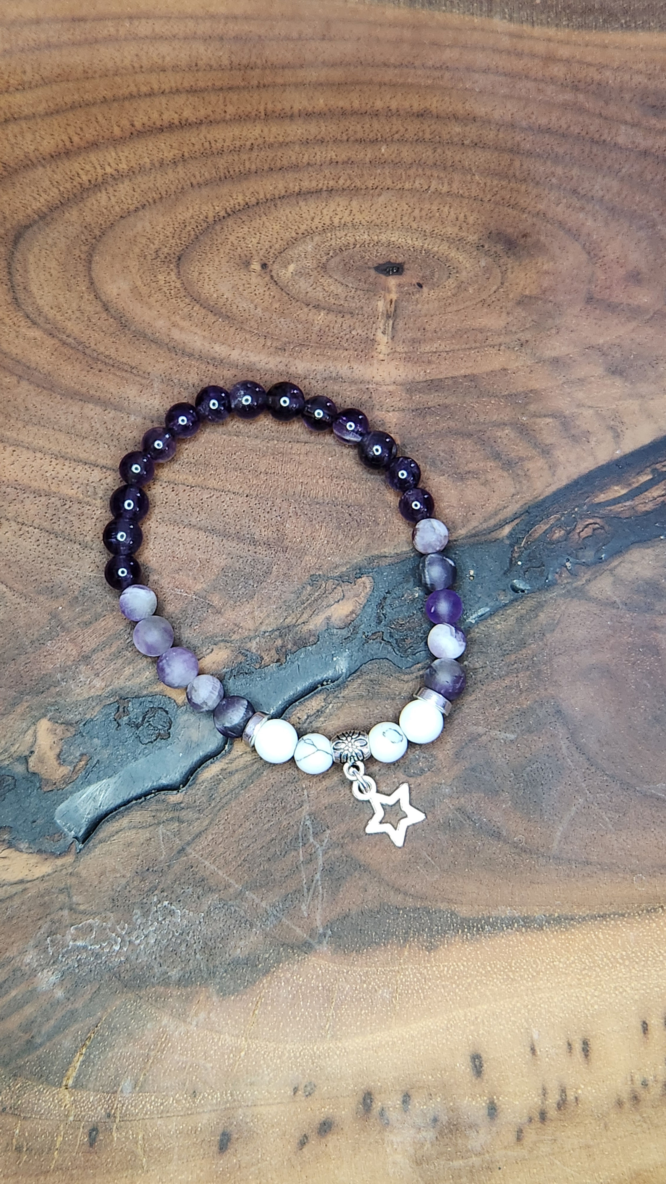 6mm Amethyst,  Dreamy Amethyst and Howlite Bead Bracelet with StarCharm