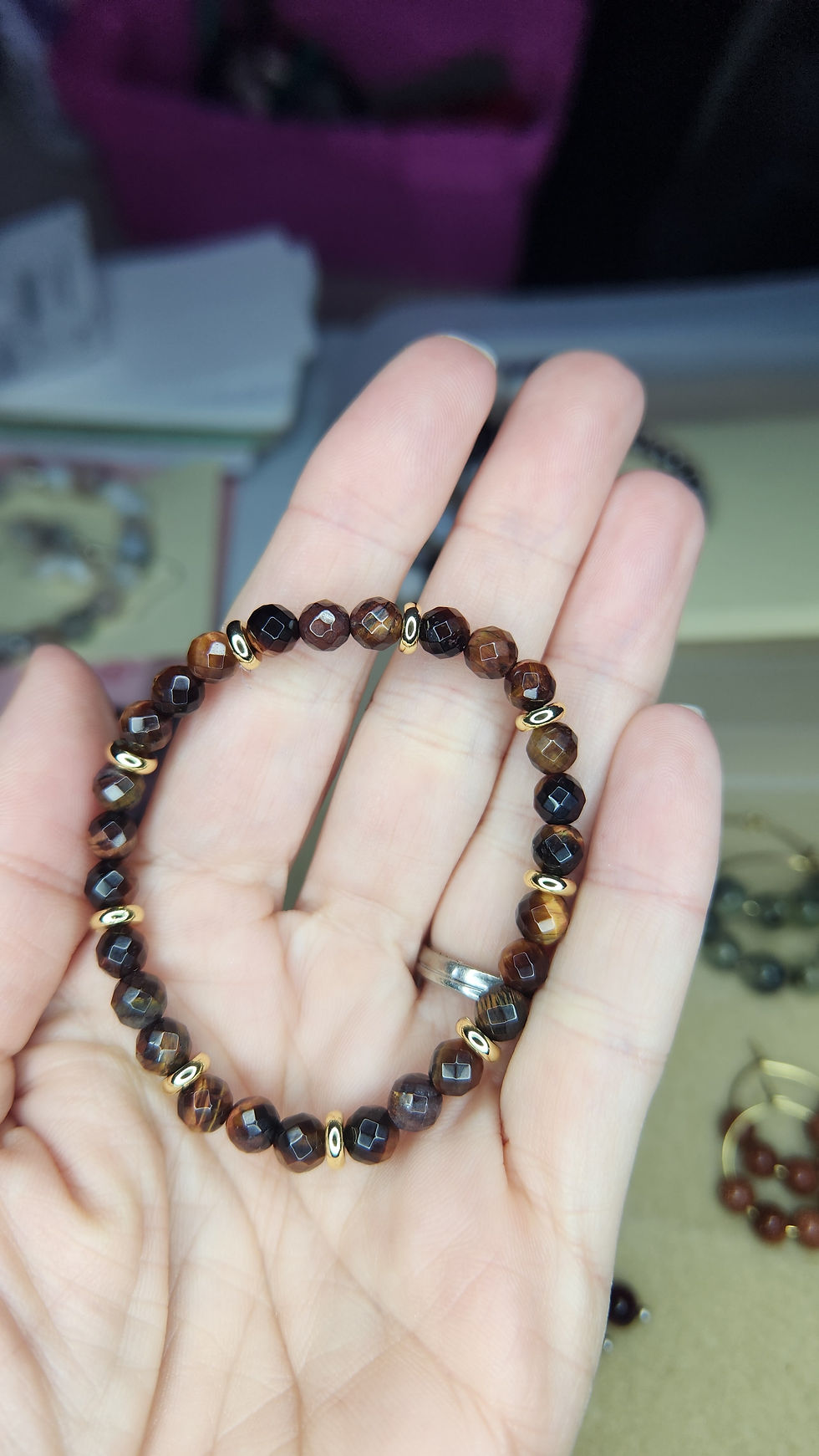 Thumbnail: 6mm Star Cut Red Tigers Eye bracelet with 14K Gold Spacers