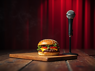A juicy burger sits on a wooden board next to a comedy microphone on a stage, conveying a