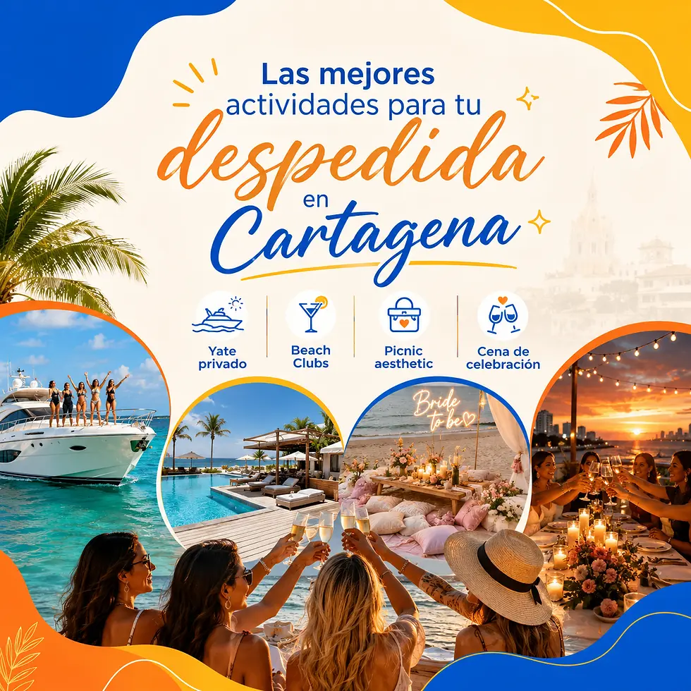 Collage de actividades para despedida de soltera en Cartagena con paseo en yate privado, beach clubs exclusivos, picnic aesthetic en la playa y cena de celebración al atardecer. Grupo de amigas disfrutando experiencias premium frente al mar Caribe.