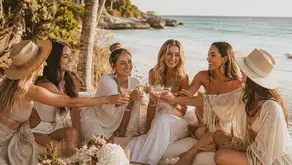 Amigas celebrando una despedida de soltera en la playa