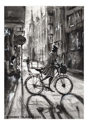 Ink and pen artwork of a cyclist pausing on a city street, with shadows and light creating a dramatic contrast. The soft, blurred background of historic buildings captures the quiet charm of urban life
