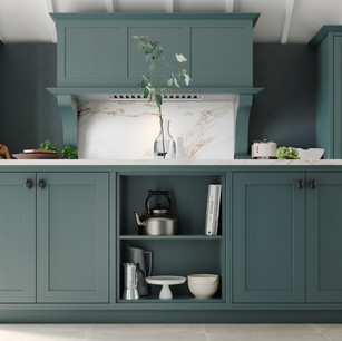 Designer canopy with oversized, shaped corbals sits majestically above the central island that boasts convenient open shelving.