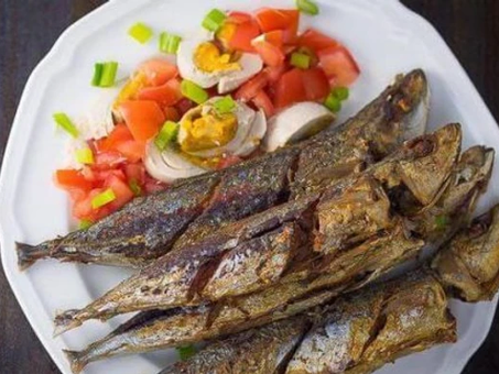 Fried Galunggong with Salted Egg and Tomato Salad Recipe