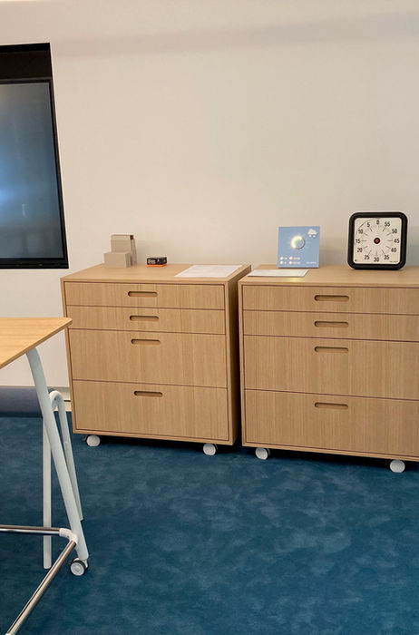 Maßgefertigte Rollcontainer aus Eiche im Büro, funktionale Möbel mit klarer Gestaltung für moderne Arbeitsplätze
