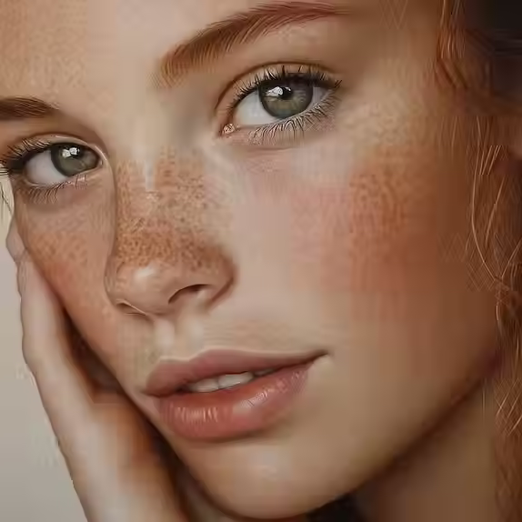 Twarz kobiety z delikatnymi piegami i naturalnym makijażem.