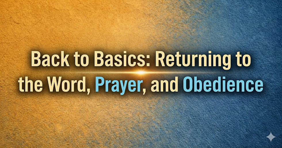 A textured gold and blue background featuring a central light flare with the text "BACK TO BASICS: RETURNING TO THE WORD, PRAYER, AND OBEDIENCE.