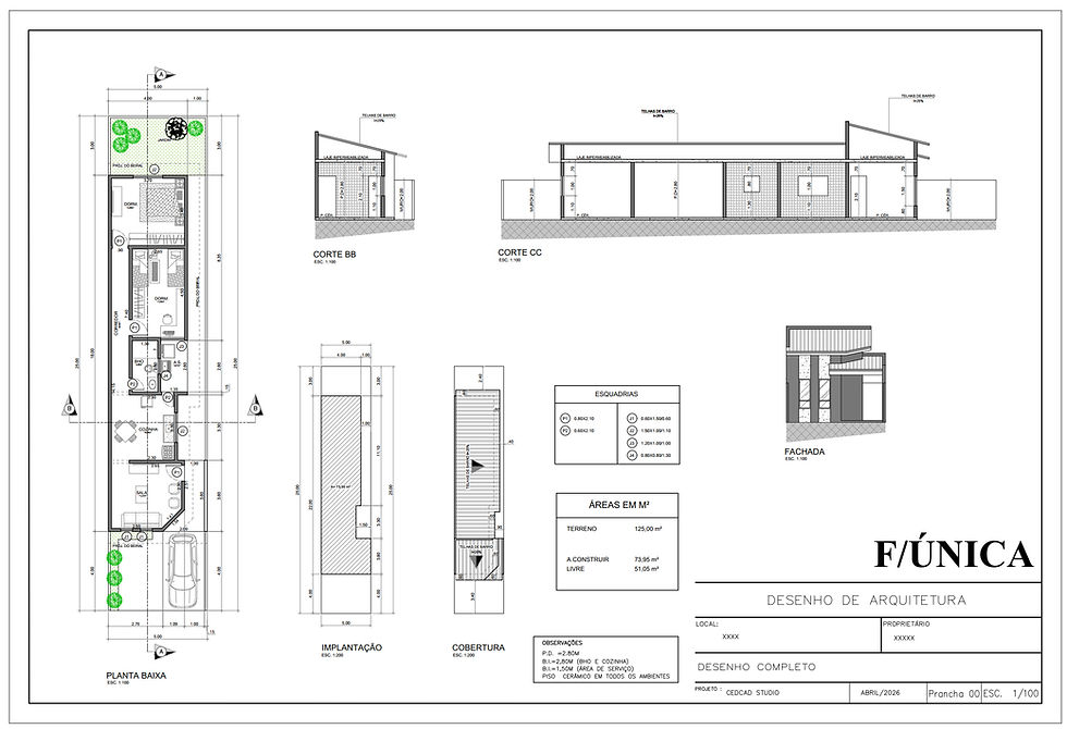 Miniatura: Projeto Casa Meio Lote - terreno 5 x 25 - 2 quartos em DWG
