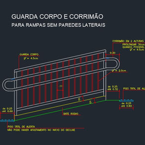 Guarda Corpo e Corrimão para Rampas sem paredes laterais PCD - dwg - autocad