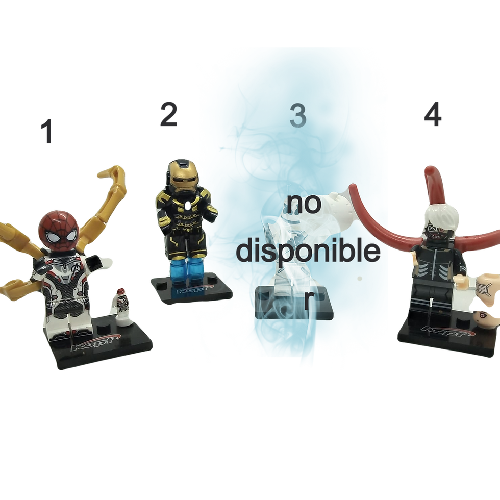 MINIFIGURAS KANEKI, SPIDERMAN, AIRONMAN Y MASHMALLOW