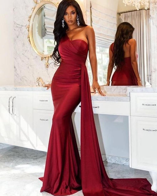 fitted lace wedding dress Sparkly Mermaid V Neck Dark Red Sequins Long Prom Dresses AB031502 –  Anniebride main image 1
