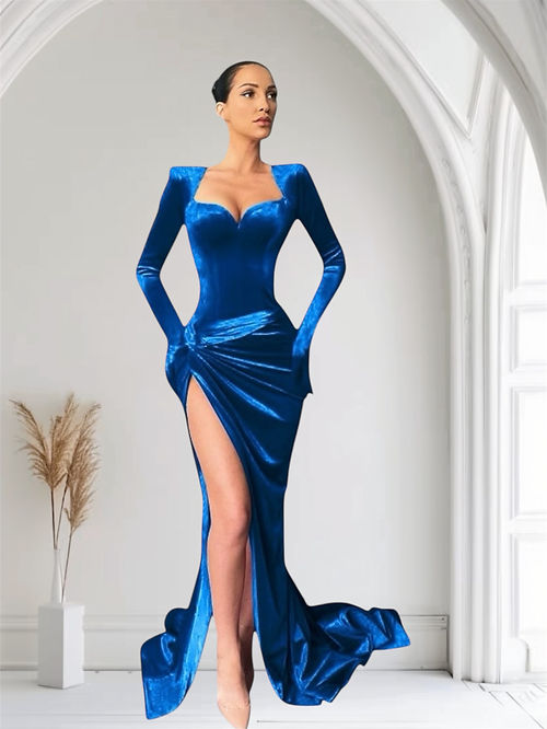 Blue Suede maxi with sleeve | LA Elite Couture Blue Suede maxi with sleeve | LA Elite Couture